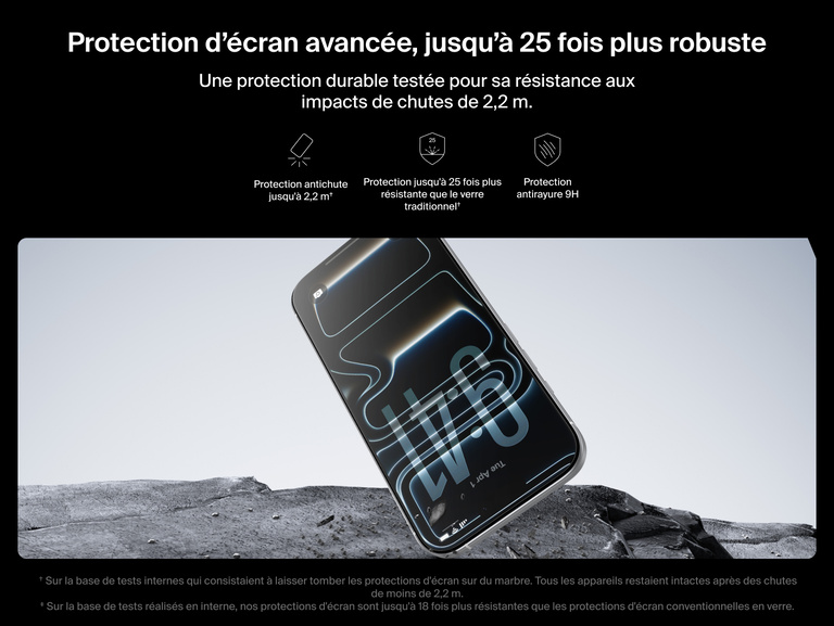 Belkin ScreenForce UltraGlass 2 Screen Protector delivers up to 25x stronger protection with 7.2 ft drop resistance and 9H scratch durability for iPhone.