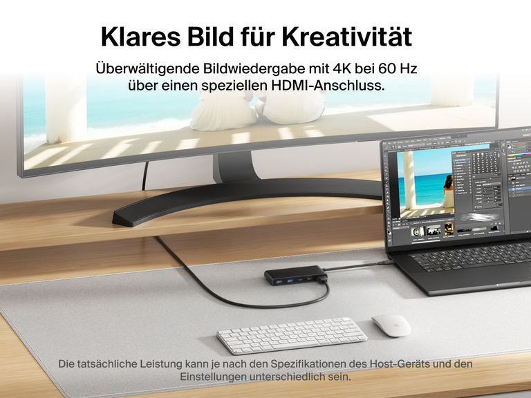 Belkin Connect 7-Port USB-C Hub with Dual USB-C Ports connected to a laptop and monitor delivering 4K@60Hz visuals via HDMI.