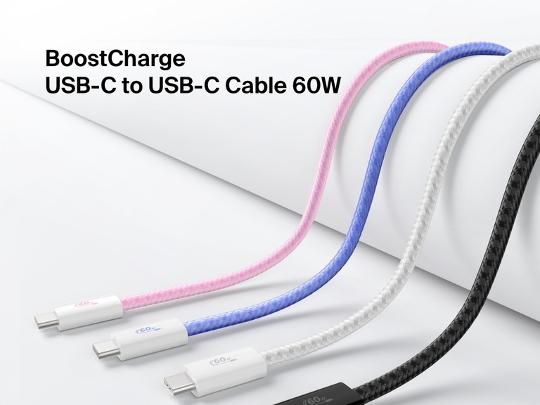 Image showing four color options (pink, blue, white, black) of the Belkin BoostCharge USB-C to USB-C Cable 60W, a fast-charging braided cable designed for USB-C devices.