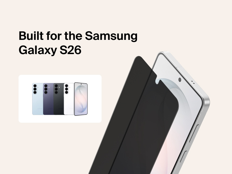 Belkin ScreenForce Titan EcoGuard Privacy Filter Screen Protector precisely designed for Samsung Galaxy S26, shown aligned to the display to help block side views while maintaining touch responsiveness and everyday screen protection.