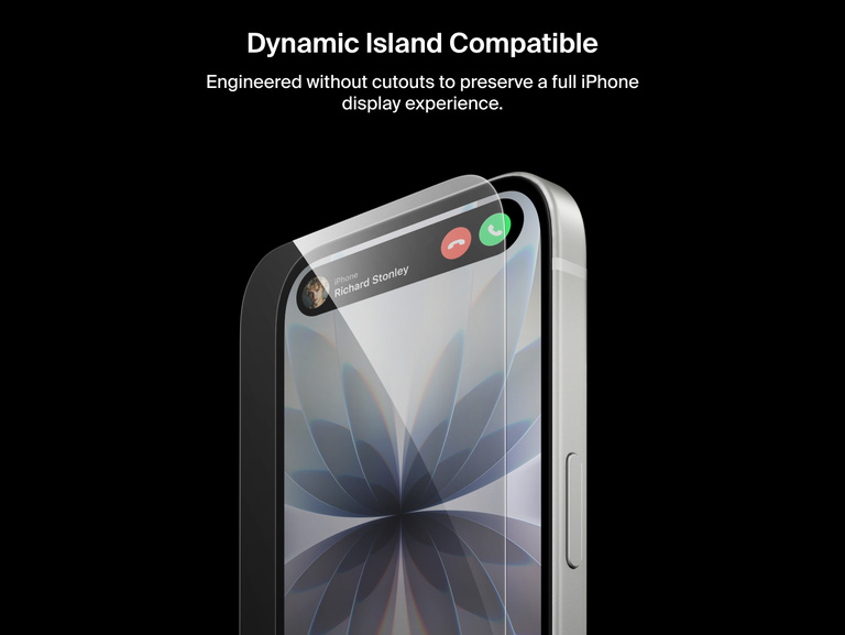 Belkin ScreenForce UltraGlass 2 Screen Protector is Dynamic Island compatible, preserving full iPhone display without cutouts.