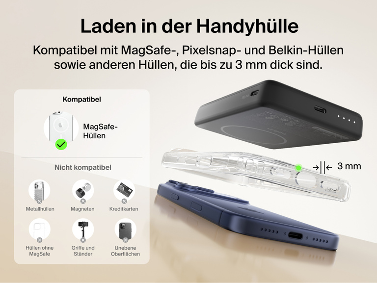 Slim Magnetic Power Bank 10K with Qi2 positioned above smartphone with case showing compatibility and magnetic attachment spacing