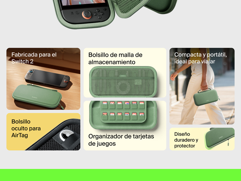 Infographic highlighting the Belkin Gaming Travel Case for Nintendo Switch 2 with features like a mesh utility pocket, game card sleeve, hidden AirTag pocket, and compact, durable design.