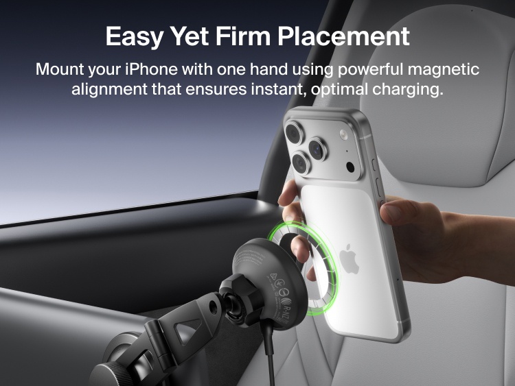 Belkin BoostCharge Magnetic Wireless Charging Car Vent Mount shown aligning and securing an iPhone with one-hand magnetic placement for instant, optimized charging.