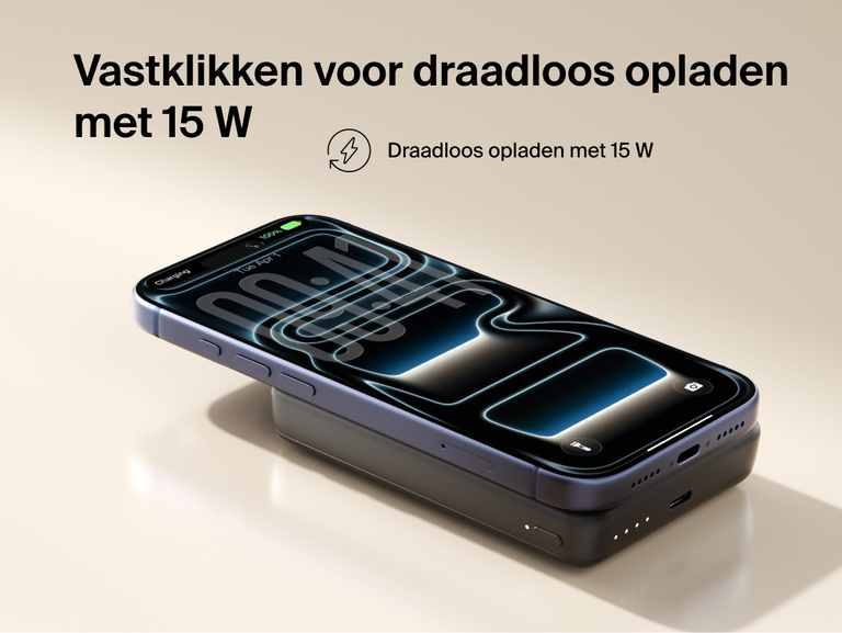 Slim Magnetic Power Bank 10K with Qi2 magnetically attached beneath smartphone demonstrating wireless charging connection