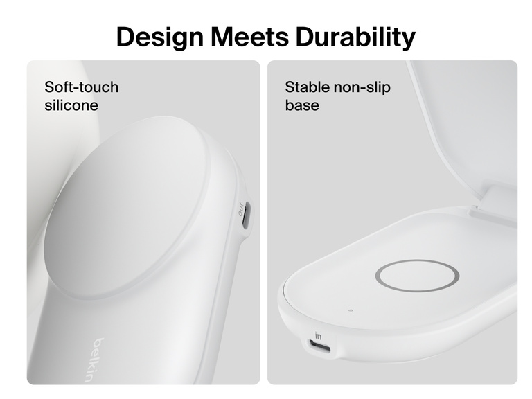 Close-up of Belkin UltraCharge 2-in-1 Foldable Magnetic Charger with Qi2 25W, featuring soft-touch silicone and a stable non-slip base for enhanced durability and secure charging.