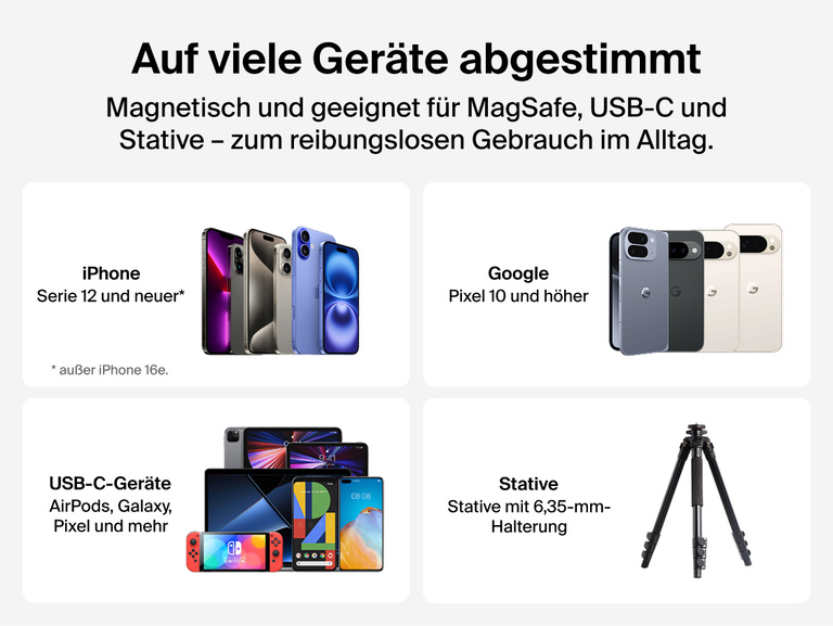 Belkin Stage PowerGrip compatibility chart showing support for iPhone 12 and later, Google Pixel 10 and later, USB-C devices like AirPods and Galaxy, and tripods with 1/4-inch mounts.