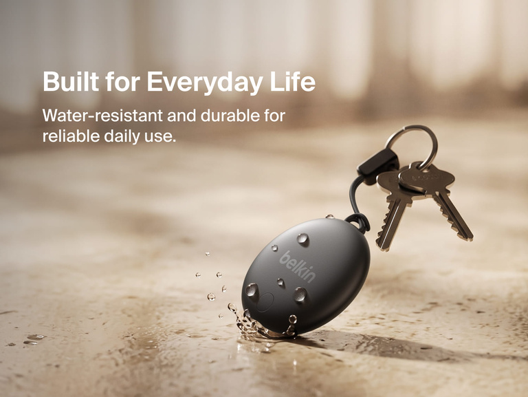 Water-resistant Belkin SureFind Spot attached to keys is built for durable, reliable everyday item tracking.