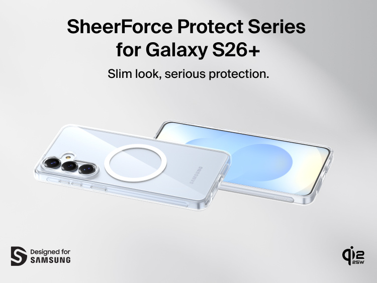 Belkin SheerForce Clear Series Case for Samsung Galaxy S26 shown on phone, featuring a slim, protective clear design with raised edges, precise cutouts, and Qi2 wireless charging compatibility.