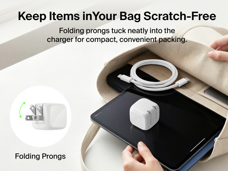 Belkin BoostCharge Compact USB-C Charger 30W with folding prongs and braided USB-C cable packed with a tablet in a bag for convenient travel.