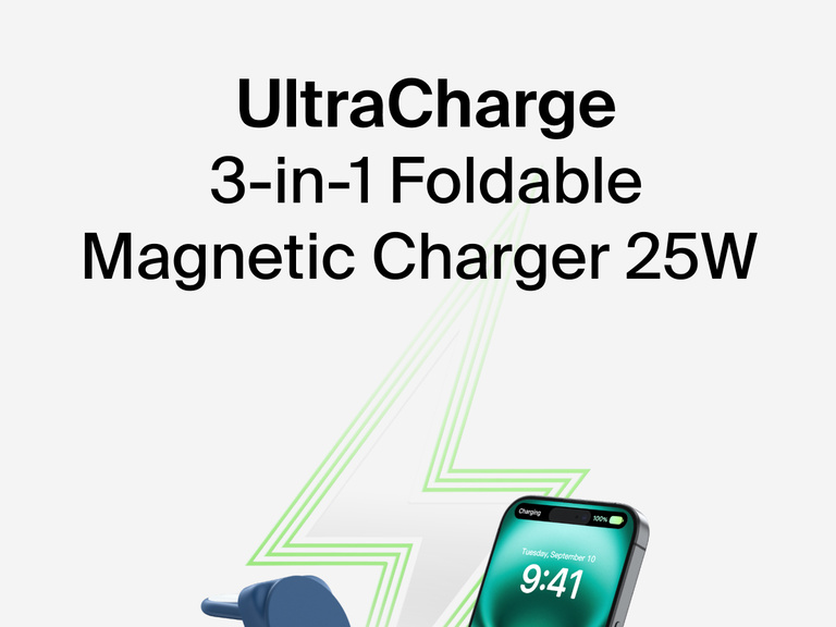 Belkin UltraCharge 3-in-1 Foldable Magnetic Charger with Qi2 25W shown charging an iPhone, with a green lightning bolt graphic in the background.