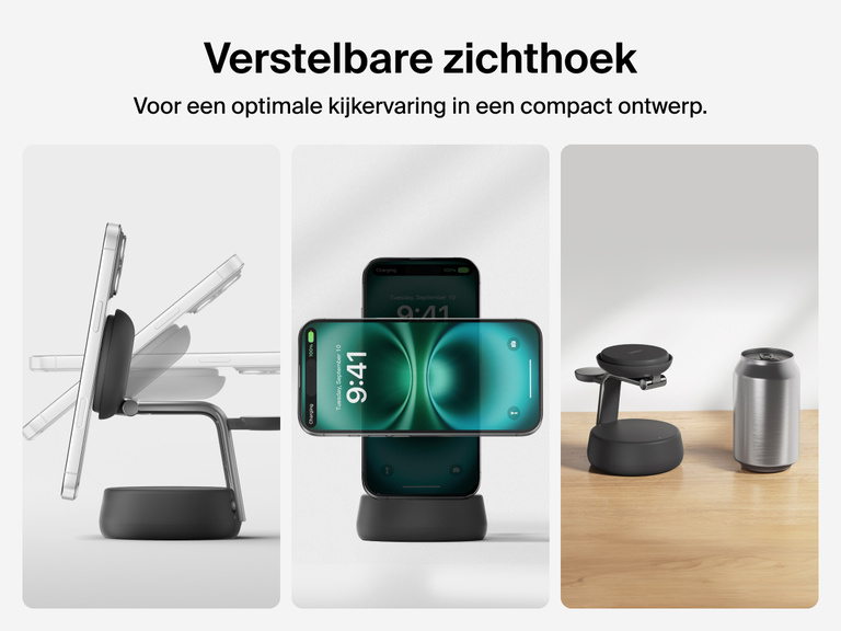 Het Belkin UltraCharge Pro 3-in-1 magnetische laadstation met Qi2 25W heeft een verstelbare zichthoek en compact formaat voor optimaal kijkcomfort en ruimtebesparend gemak.