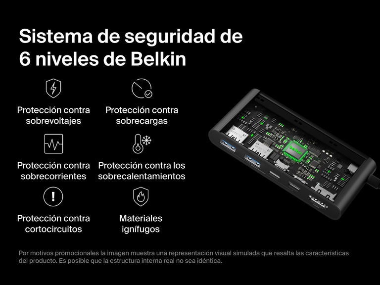 Belkin Connect 5-Port USB-C Hub with Dual USB-C Ports features a 6-point safety system with protection against overvoltage, overload, short circuit, overcurrent, overheating, and fire.