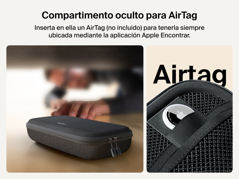 Se muestra el bolsillo oculto para AirTag de la funda con cargador de Belkin Gaming para Nintendo Switch 2. Permite usar este dispositivo rastreador de Apple mediante su aplicación Apple Encontrar para tener la funda siempre localizada (AirTag no incluido).