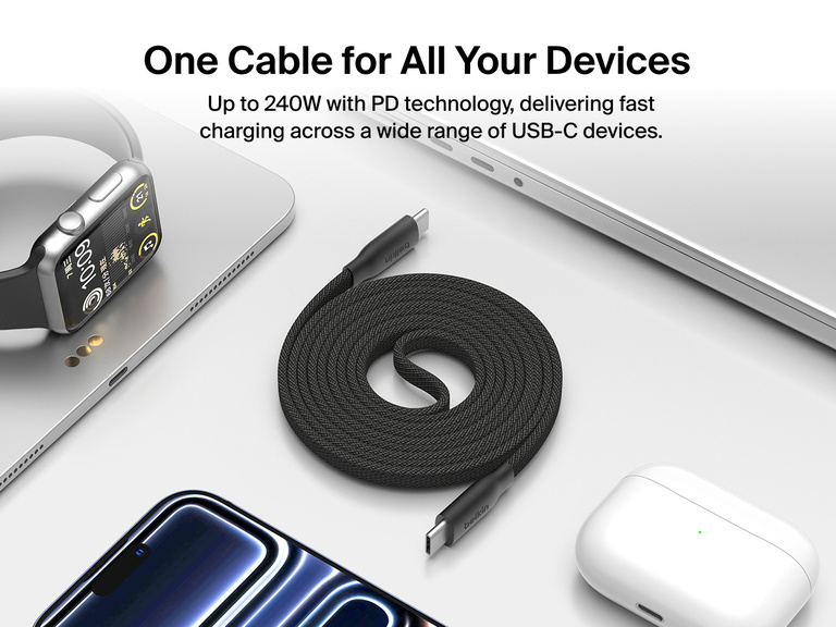 Belkin BoostCharge Pro Magnetic USB-C Cable 240W shown with multiple USB-C devices, providing up to 240W Power Delivery fast charging for phones, laptops, and accessories.