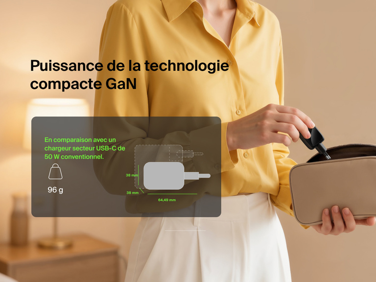 Image du chargeur secteur GaN à deux ports USB-C Belkin BoostCharge Pro (50 W) avec design compact, poids de 89 g, fiches électriques pliables, comparé aux chargeurs du marché de 50 W, illustrant son côté compact, dans un sac de voyage.