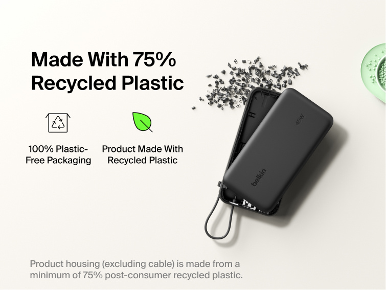 Belkin UltraCharge 10K power bank with integrated USB-C cable and digital display made with 75% recycled plastic and eco-friendly packaging