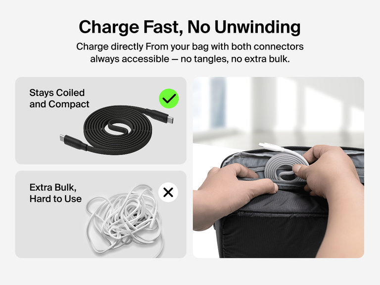 Belkin BoostCharge Pro Magnetic USB-C Cable 240W stays coiled and compact for tangle-free charging, allowing easy access and fast power without unwinding.