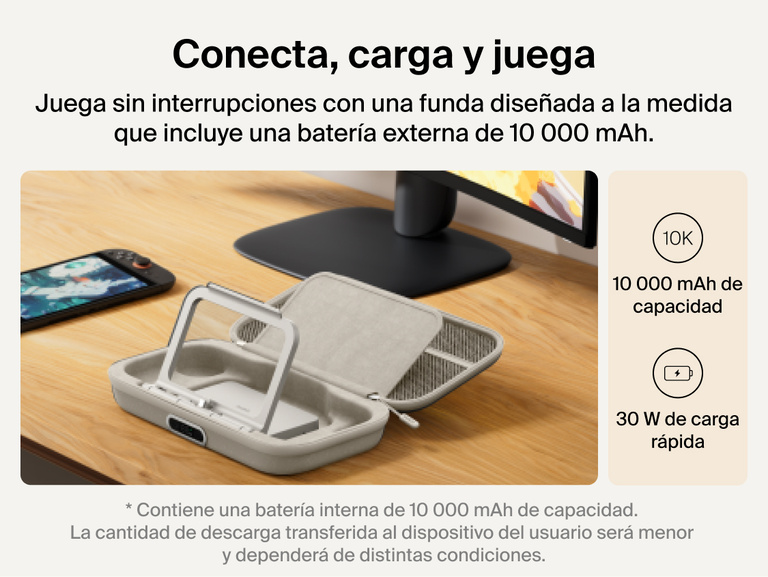 Belkin Gaming Charging Case Pro for Nintendo Switch 2 shown with detachable 10,000 mAh power bank, flip-up stand, and 30W fast charging for extended connected gameplay.