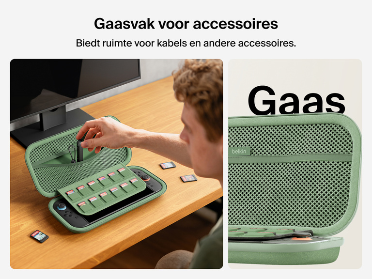 User opens the Belkin Gaming Travel Case for Nintendo Switch 2 to access the mesh utility pocket, ideal for organizing cables and small accessories alongside a 12-slot game card sleeve.