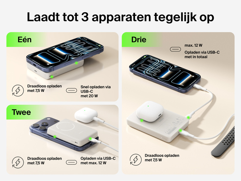 Belkin BoostCharge Slim Magnetic Power Bank 10K charging iPhone, earbuds, and smartwatch simultaneously with wireless and USB-C connections across single, dual, and triple device setups