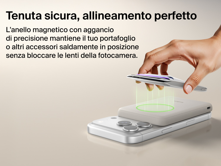 Belkin BoostCharge Slim Magnetic Power Bank 5K with Qi2 featuring a secure magnetic ring that aligns accessories and attaches firmly without obstructing the phone camera.