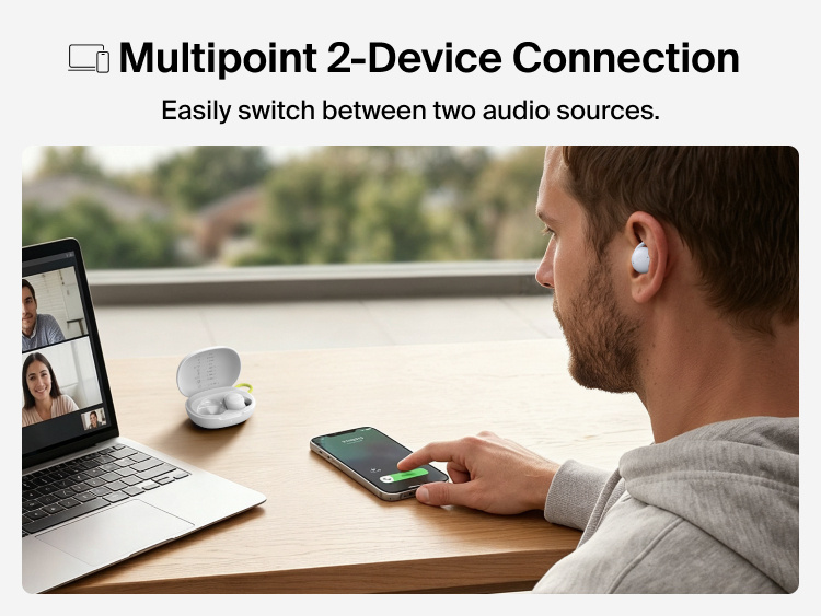 SoundForm Isolate Buds ANC worn at a desk while switching audio between a laptop video call and a smartphone, demonstrating multipoint 2-device connection