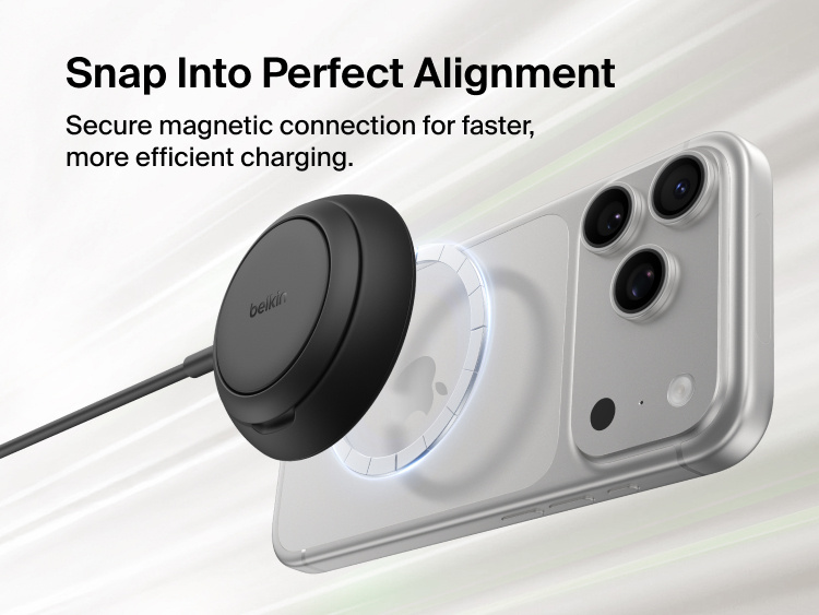 Belkin UltraCharge Magnetic Charger with Qi2 25W shown snapping securely onto the back of a smartphone for perfectly aligned, efficient magnetic wireless charging.