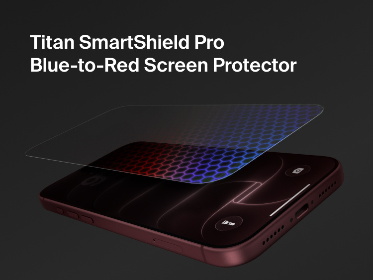 Belkin Titan SmartShield Pro Blue-to-Red Screen Protector for iPhone 18 shown above a smartphone with a honeycomb light-filtering graphic.