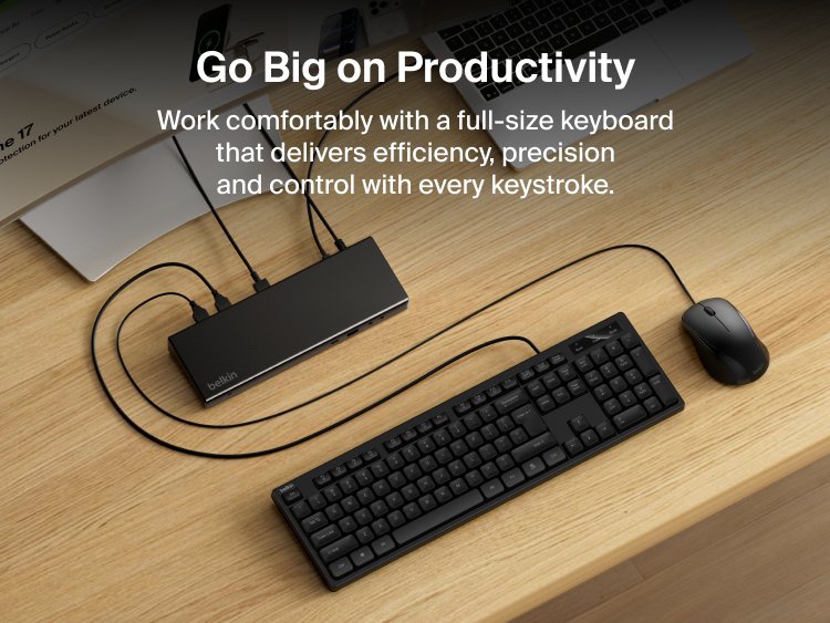 Image of the Belkin Connect Wired Keyboard and Mouse Combo set up at a workstation, showcasing a full-size keyboard and wired mouse designed for efficient, productive everyday use.