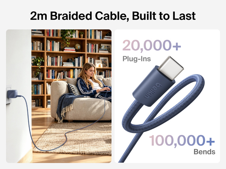 Belkin 2m braided USB-C cable shown charging a laptop with durability tested for more than 20,000 plug-ins and 100,000 bends.