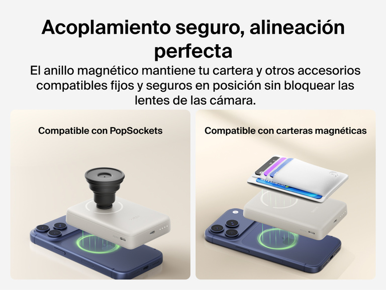 Belkin BoostCharge Slim Magnetic Power Bank 10K securely aligned to iPhone with magnetic ring, compatible with PopSockets and magnetic wallets without blocking camera