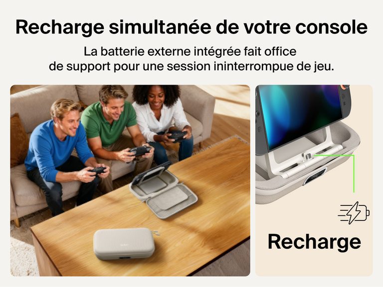 Belkin Gaming Charging Case Pro for Nintendo Switch 2 shown playing while charging with built-in power bank stand enabling uninterrupted tabletop gameplay.