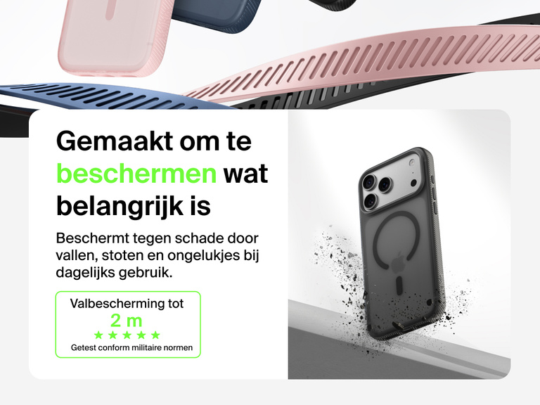 Belkin SheerForce Grip Series Case for iPhone 17 shown with textured grip and impact protection against drops.