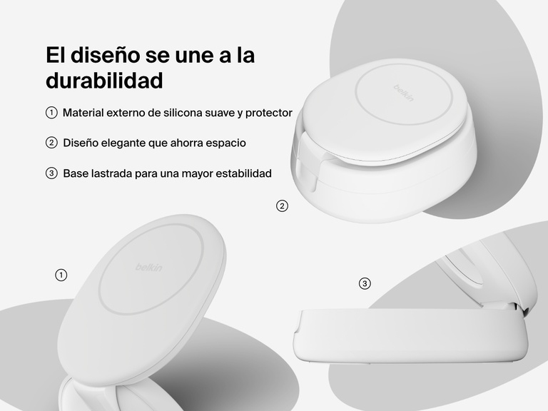 Belkin BoostCharge 2-in-1 Convertible Magnetic Charging Stand with Qi2 15W features soft-touch silicone, a space-saving foldable design, and a weighted base for added stability.