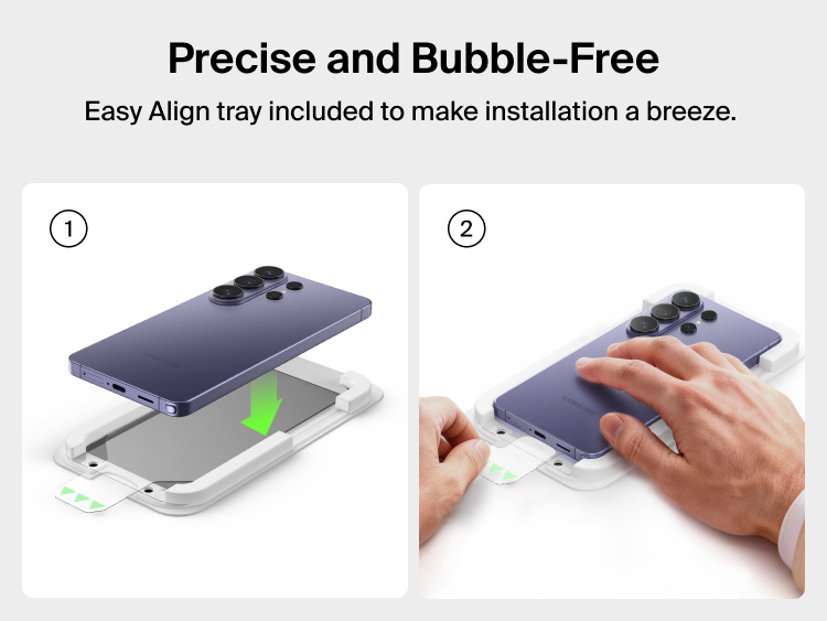 Belkin ScreenForce Titan SmartShield Privacy Filter Screen Protector for Samsung Galaxy S26 showing the Easy Align tray for precise, bubble-free installation with simple, step-by-step placement.