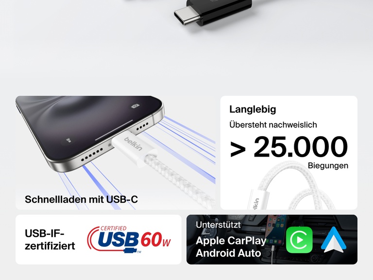 Infografik, in der das Belkin BoostCharge USB A auf USB C Kabel (60 W) gezeigt wird, das mehr als 25.000 Biegungen standhält, über eine USB-IF-Zertifizierung verfügt und sich zum Schnellladen sowie für Apple CarPlay und Android Auto eignet.