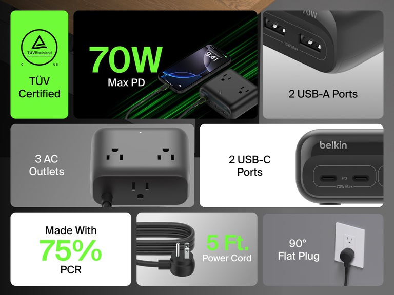 Informational graphic of the Belkin 3-Outlet Charging Station highlighting its 2 USB-A ports, 2 USB-C ports with 70W max power delivery, 3 AC outlets, 5-foot power cord, 90° flat plug, TUV certification, and construction using 75% post-consumer recycled materials.