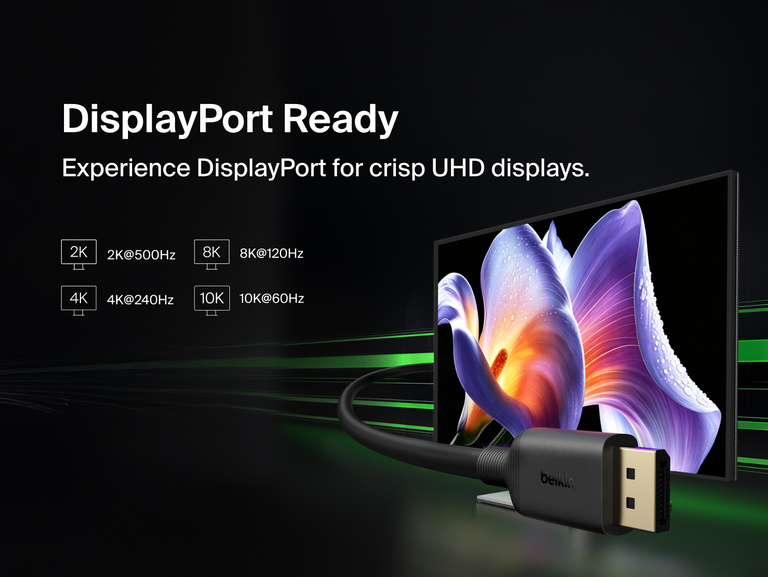 Connect DisplayPort 2.1 Cable plugged into a monitor displaying a vivid flower image, illustrating support for 10K at 60Hz, 8K at 120Hz, 4K at 240Hz, and 2K at 500Hz resolutions