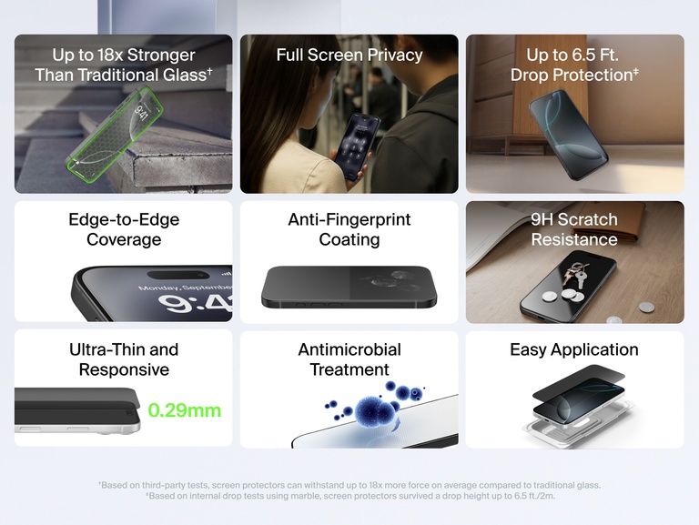 Belkin ScreenForce InvisiGlass Screen Protector for iPhone with up to 18x stronger glass, 9H scratch resistance, 6.5 ft drop protection, ultra-thin 0.29mm design, anti-fingerprint coating, antimicrobial treatment, and easy edge-to-edge application.