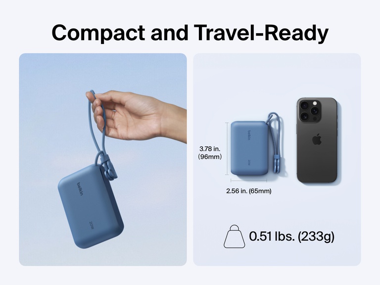 Belkin BoostCharge Power Bank 10K with Display shown in hand and beside a smartphone to highlight its compact, travel-ready design with dimensions of 3.78 x 2.56 inches and a lightweight build of 0.51 lbs (233g).