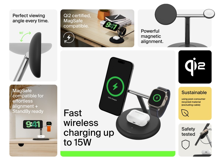 Image of a black Belkin BoostCharge Pro 3-in-1 Magnetic Wireless Charging Stand with Qi2 15W, highlighting fast wireless charging, adjustable viewing angle, MagSafe and Qi2 compatibility, powerful magnetic alignment, sustainable materials, and support for StandBy mode.