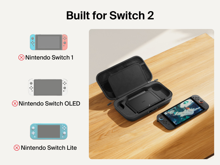 Belkin Gaming Charging Case Pro for Nintendo Switch 2 shown with custom-fit interior and compatibility notice indicating it is designed exclusively for Switch 2, not Switch, Switch OLED, or Switch Lite.