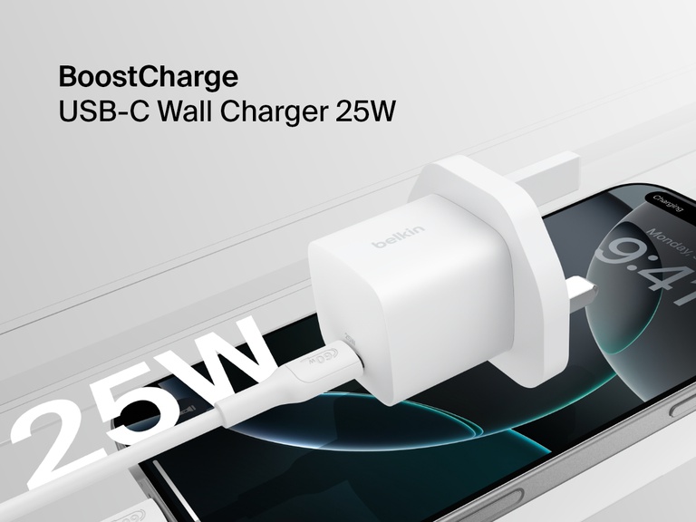 Belkin BoostCharge USB-C Wall Charger 25W shown plugged into a smartphone, highlighting its compact design and fast charging capability.