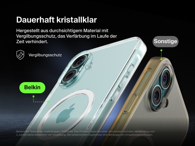A comparison image showcasing the anti-yellowing technology of the Belkin SheerForce™ Magnetic iPhone Case. The Belkin case remains crystal clear over time, while a competing case appears yellowed. The text highlights the long-lasting clarity and resistance to discoloration, ensuring the case maintains its sleek, transparent design even after extended use.