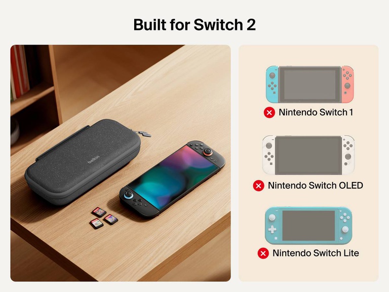 Belkin Gaming Charging Case shown next to Nintendo Switch 2 and game cards, with compatibility clearly marked for Switch 2 only—not compatible with Nintendo Switch 1, OLED, or Lite models.