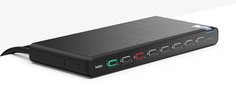 A sleek, black Belkin Universal DisplayPort Secure KVM 8-Port Single Head with CAC device, featuring illuminated port indicators and labeled buttons for secure switching between two computers.