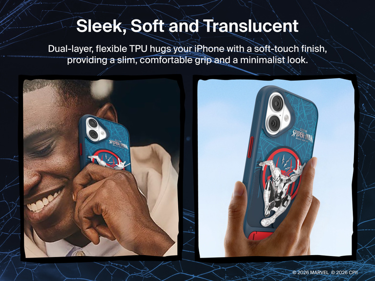 Belkin SheerForce Spider-Man Magnetic Protective Case with Kickstand for iPhone showcasing a slim dual-layer design, soft-touch grip, and translucent finish.