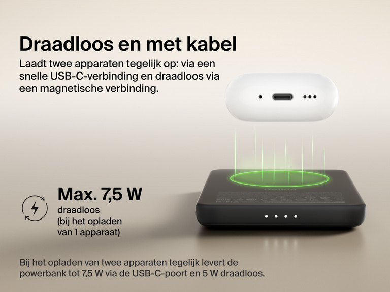 Belkin BoostCharge Slim Magnetic Power Bank 5K shown wirelessly charging earbuds, demonstrating 7.5W max magnetic wireless charging for single-device power.