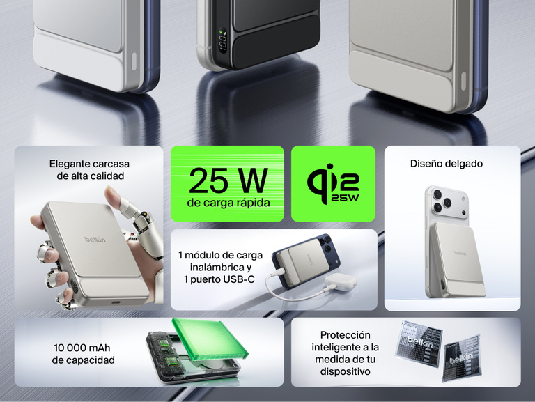 Belkin UltraCharge Slim Magnetic Power Bank 10K highlighting 25W fast charging, 10,000 mAh capacity, magnetic wireless charging, USB-C port, and slim premium aluminum design